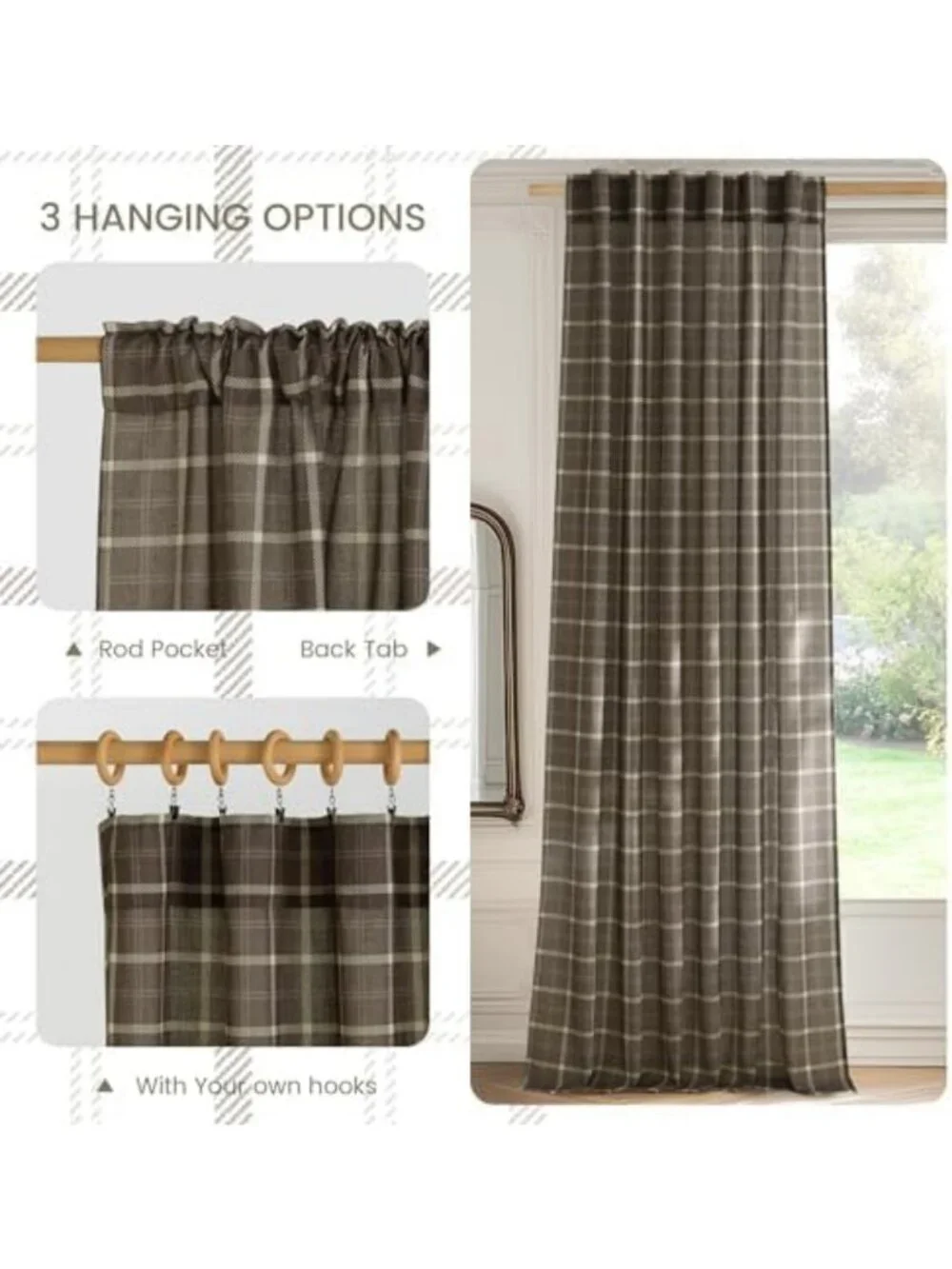 Linen Short Plaid Curtains for Kitchen Window - 36